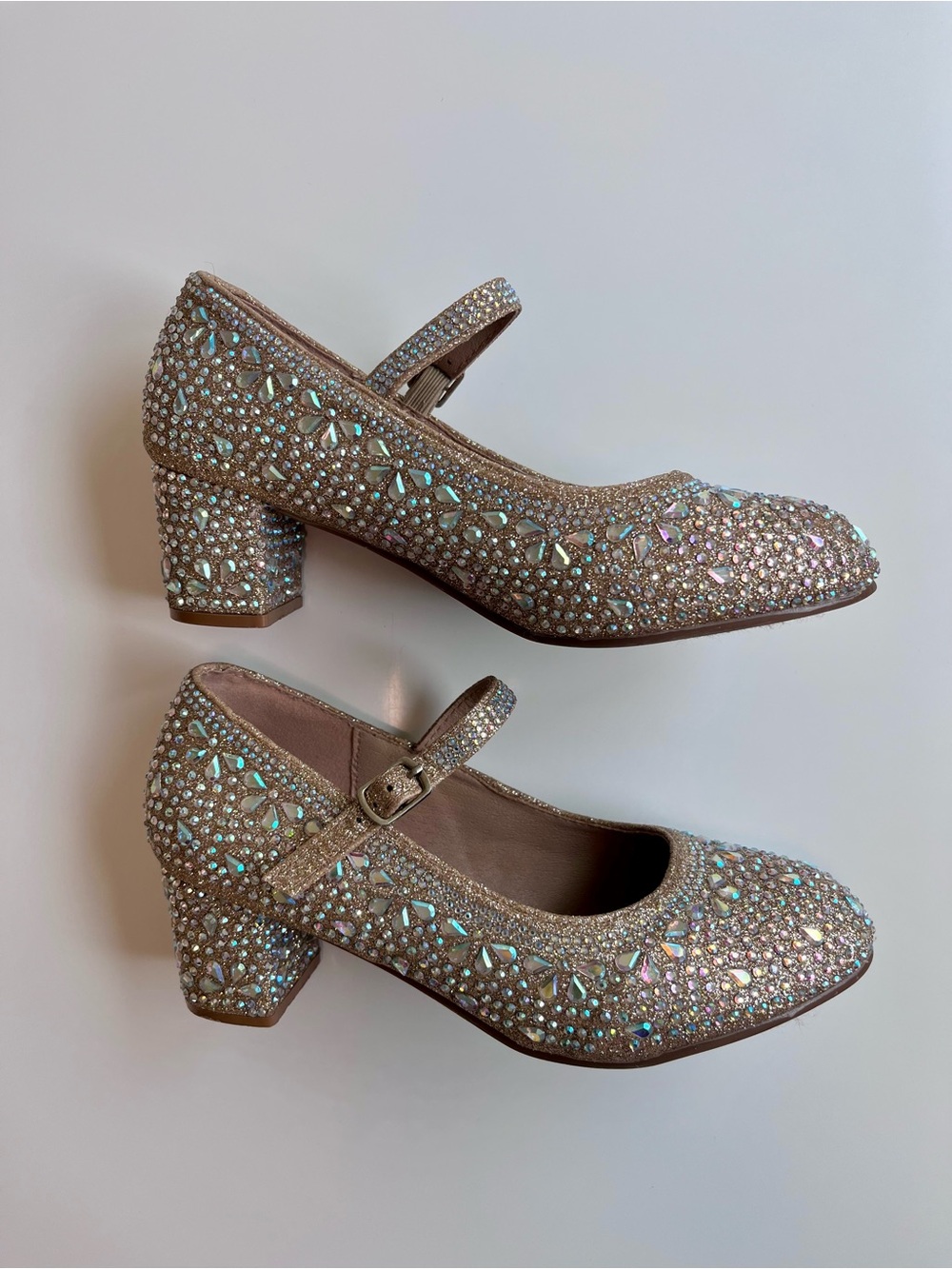 Kids Crystal Embellished Champagne Mary Jane Block Heel Shoes